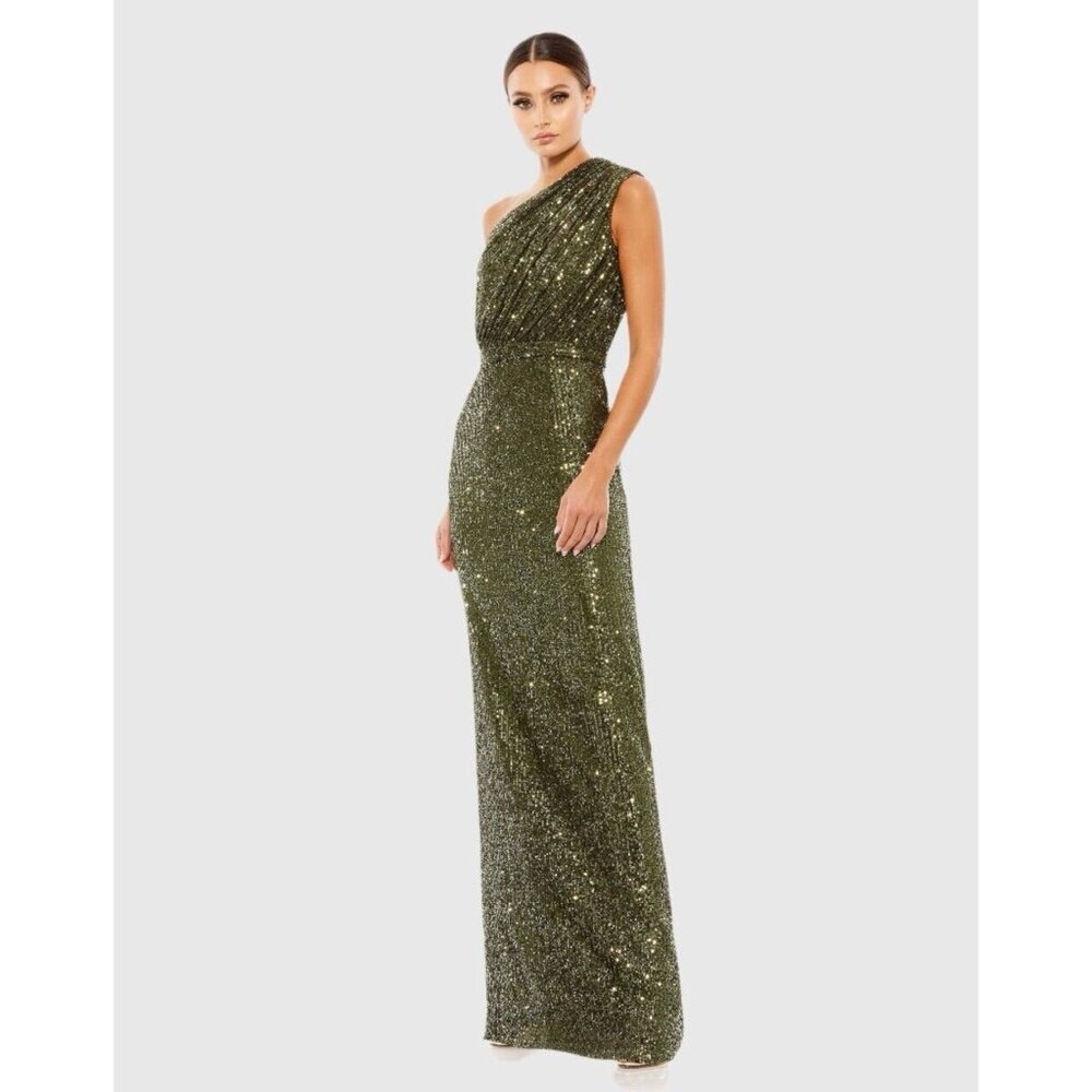 MAC DUGGAL Womens Size 14 Green SEQUINED RUCHED 1 SHOULDER Formal GOWN Dress New